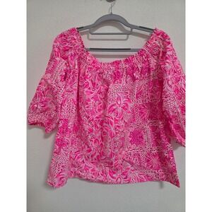 Lilly‎ Pulitzer Pink Tropical Floral Off the Shoulder Cotton Blouse Large